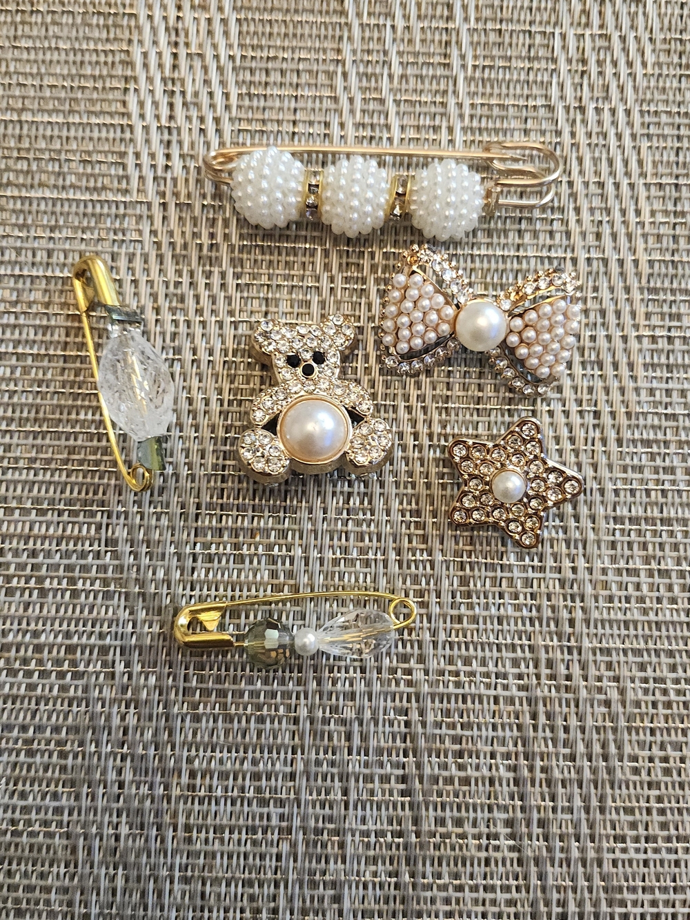 Hand Crafted Gold Pearl & Crystal Children's Brooch Set